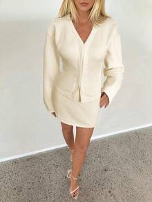 Aloruh 2pcs Women's Elegant Front Hook Gigot Sleeve Top And High Waist Bodycon Skirt Set, Burgundy