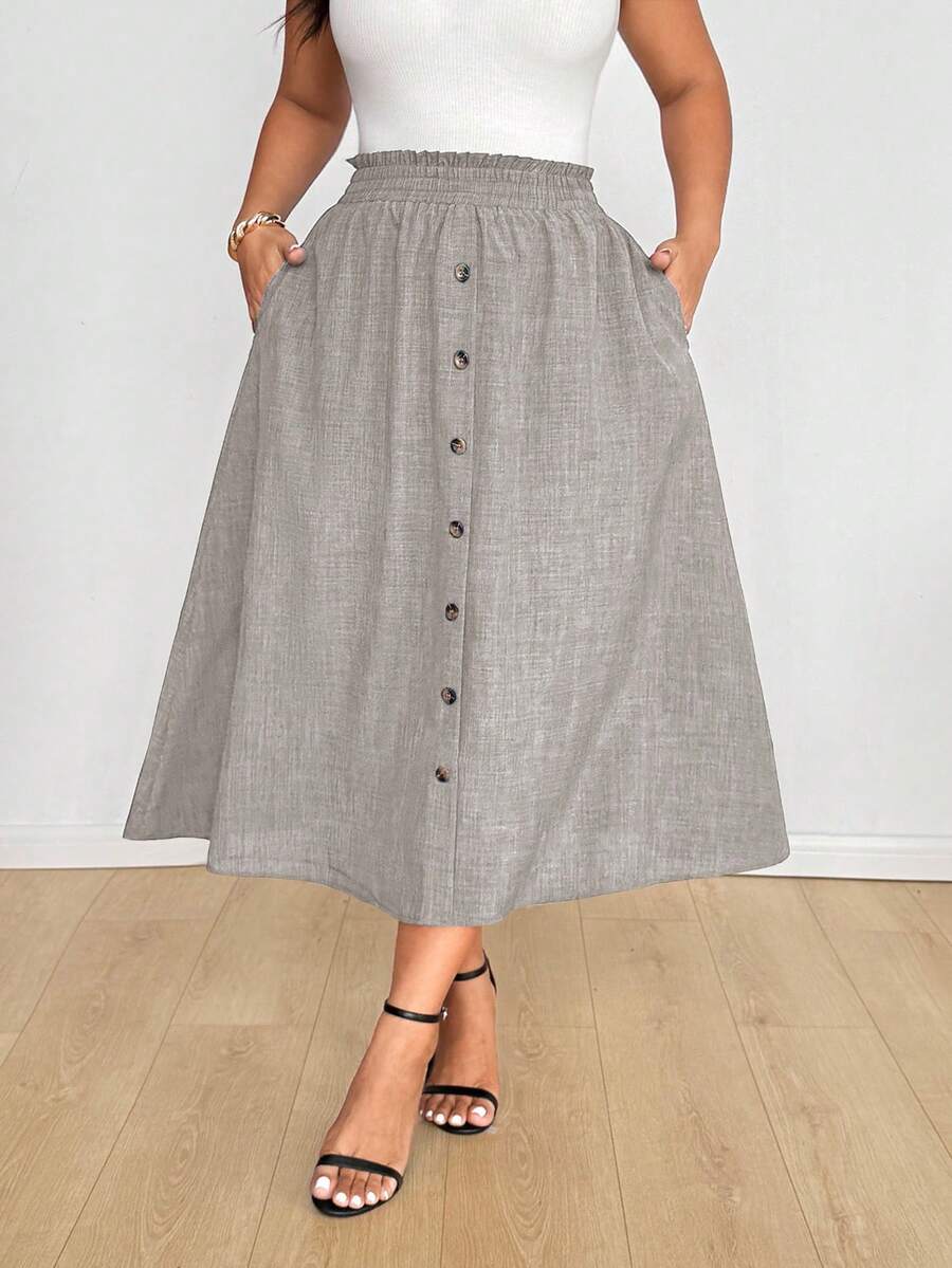 SHEIN EMERY ROSE CURVE 优雅自然风牛仔效果纽扣A字裙 - 杏色 - 查看 1