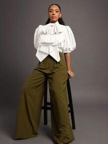 Vixey Exaggerated Bow Puff Sleeve Zip Up Woven Top