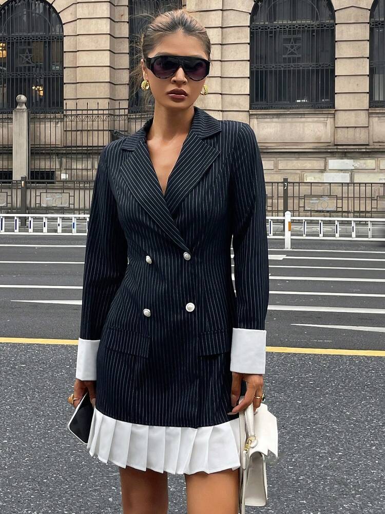 Women's Elegant Striped Color Block Tie Collar Pleated Short Dress, Autumn