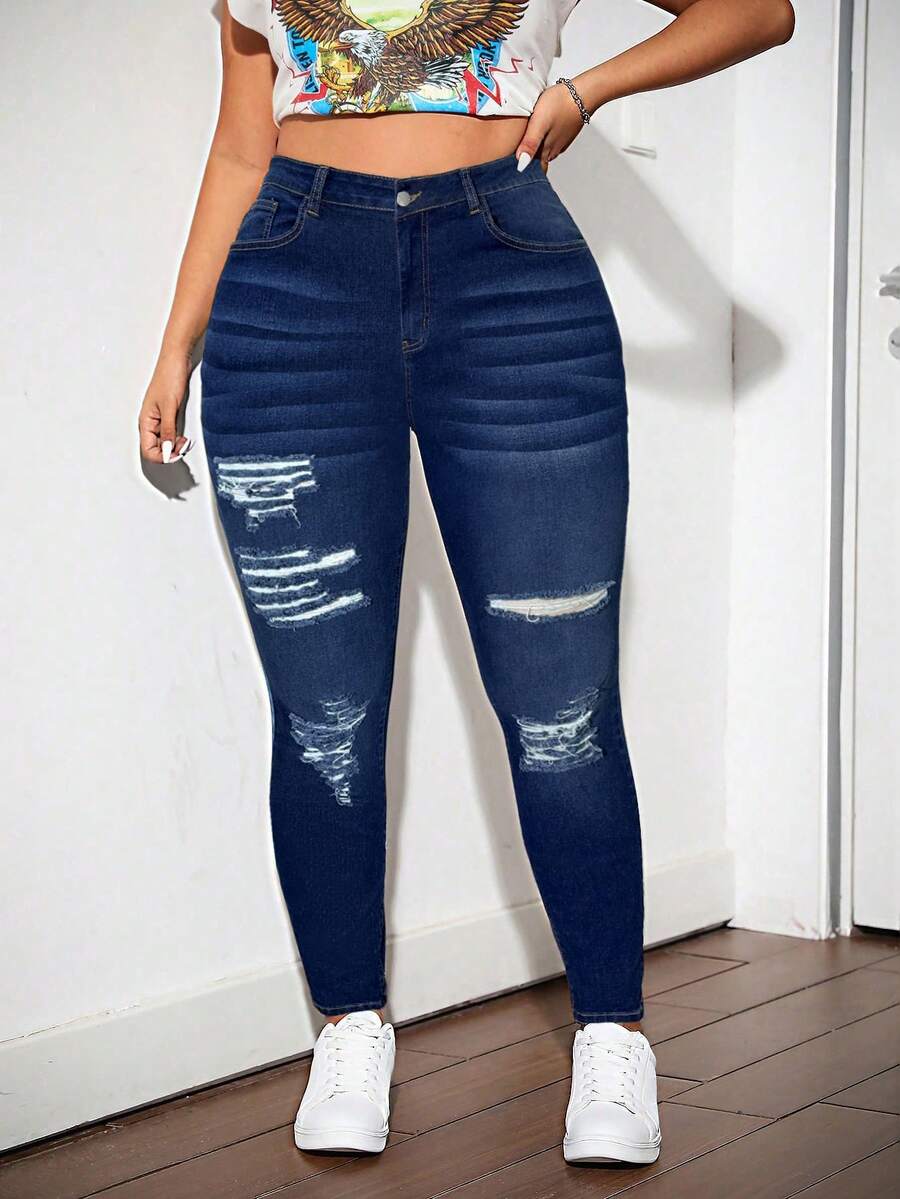 SHEIN ICON 大码做旧蓝色紧身弹力牛仔裤 - 深色水洗藍 - 查看 1