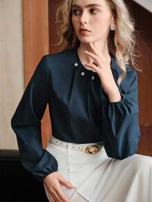 Uhlyne Uhlyne 海軍藍女款全棉長袖襯衫，優雅秋季極簡辦公設計，附百褶領與珍珠鉚釘，適合教堂、教學場合 - 藏蓝色 - 查看 8