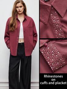 Maija Women's Casual Rhinestone Embellished Pocket Front Button Long Sleeve Shirt, Autumn, Winter, Christmas Party Shirt, New Year, Red Shirt, Thanksgiving Shirt, Elegant Party Shirt - Red Violet - View 8