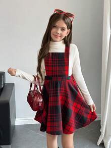 SHEIN Robe à bretelles à carreaux rouges rétro pour préadolescentes, décontractée et polyvalente - Rouge - Voir 3