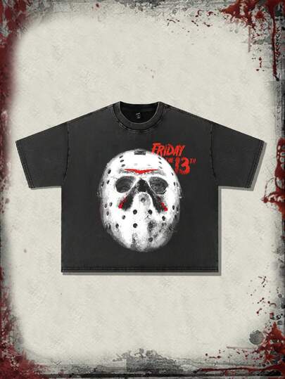 Friday the 13th X ROMWE T-shirt homme à imprimé graphique avec lavage vintage, streetwear rétro