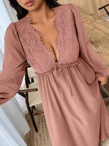 SHEIN LUNE Plus Size Elegant Lace Patchwork Side Slit Dress - Dusty Pink - View 4