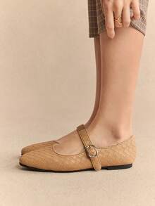 Rosivie 2025夏季新款法式方头百搭黑色镂空编织带低帮透气舒适平底女鞋 - 卡其色 - 查看 2