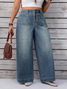 EMERY ROSE Quần jean ống rộng cài nút phía trước thiết kế đơn giản cho nữ cỡ lớn - Màu xanh lam - Xem 6