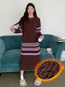 DAZY Striped Loose Long Sleeve Knitted Nightgown, Women Sleepwear Dress For Autumn/Winter Pajama - Brown - View 3