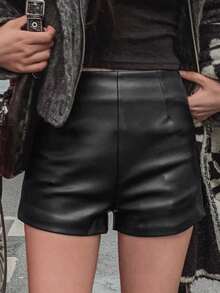 DAZY 女式 PU 皮革高腰修身迷你短裤，修身直筒性感皮裤，适合秋冬 - 黑色 - 查看 1