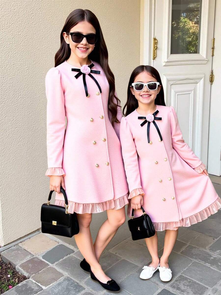 SHEIN Tween Girl Elegant Party Bow Decor Double-Breasted Dress - Pink - View 1