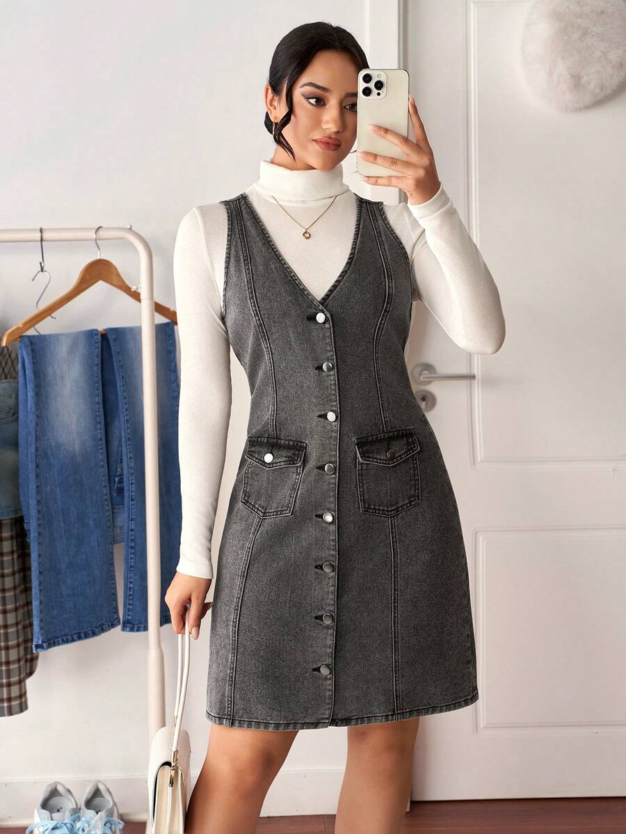 SHEIN Tall 女式休闲水洗前扣牛仔连衣裙 - 黑色 - 查看 1