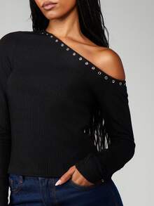 MISSGUIDED Blusa de punto acanalado con detalle de ojal y hombros descubiertos, para otoño e invierno - Negro - Ver 5