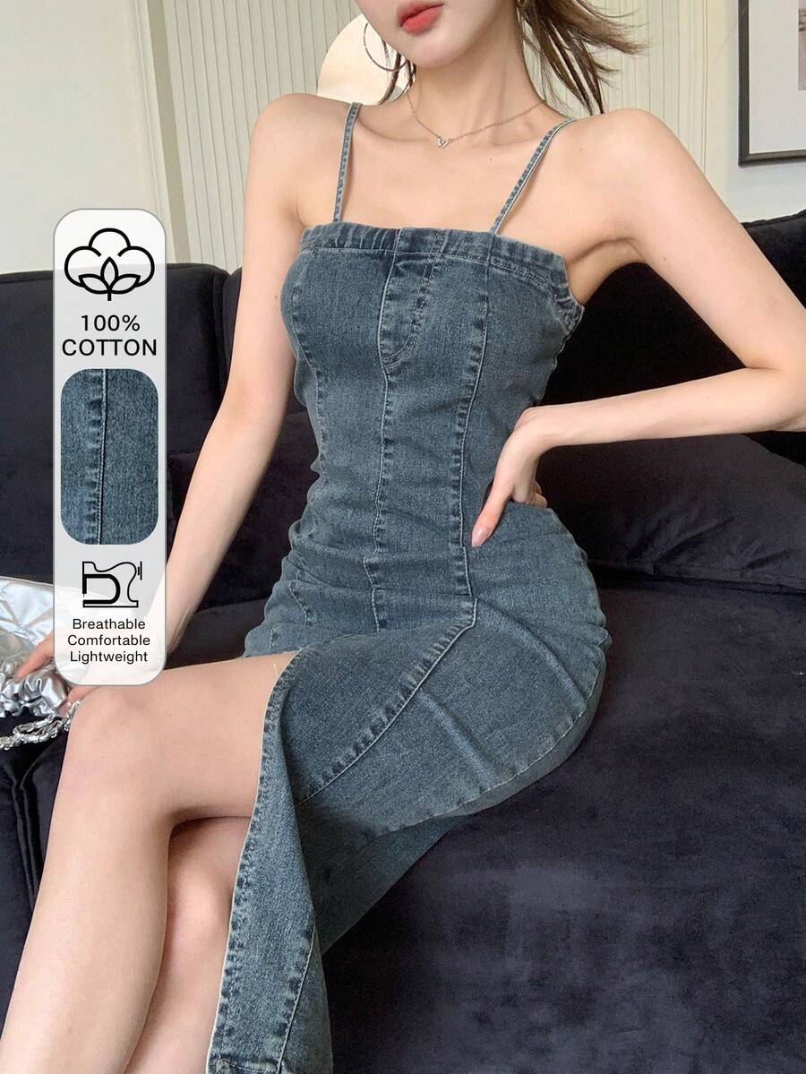 DAZY Women's Fashionable Denim Suspender Midi Dress With Slit - Dark Wash - View 1