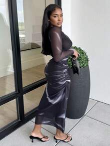 Alexandranx Vestido maxi de mujer elegante de malla con estampado de gradiente de colores y volantes ajustado al Body - Negro - Ver 5