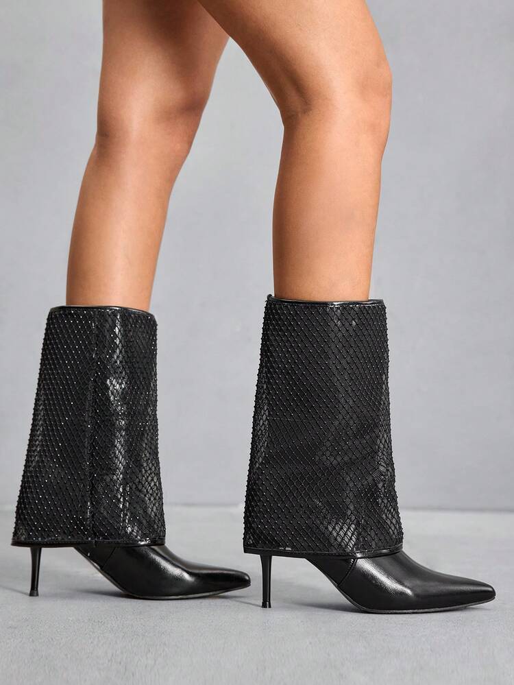 CUCCOO SZL New Pointed Toe Thin High Heel Rhinestone Mesh Sexy Versatile Women's Ankle Boots
