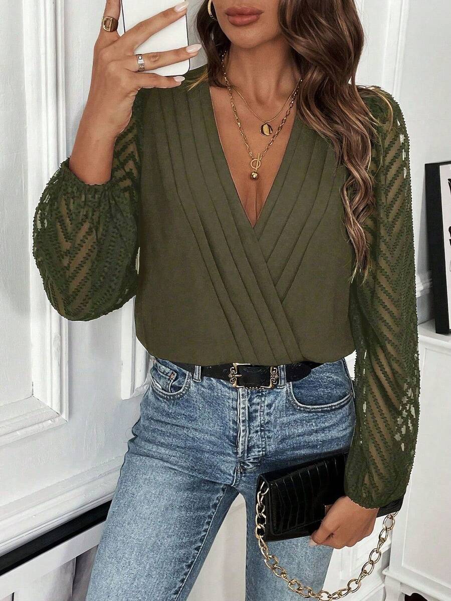 EMERY ROSE Solid Color Mesh Patchwork Criss-Cross Wrap Deep V-Neck Elegant Long Sleeve Bodysuit - Army Green - View 1