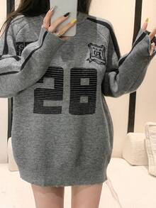 DAZY Women's Contrast Color Splicing Letter Pullover Sweater,Long Sleeve Tops,Fall Clothes - Grey - View 2