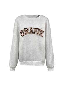 SHEIN Women's GRAFIK Embroidered Crew Neck Long Sleeve Sweatshirt - Grey - View 4