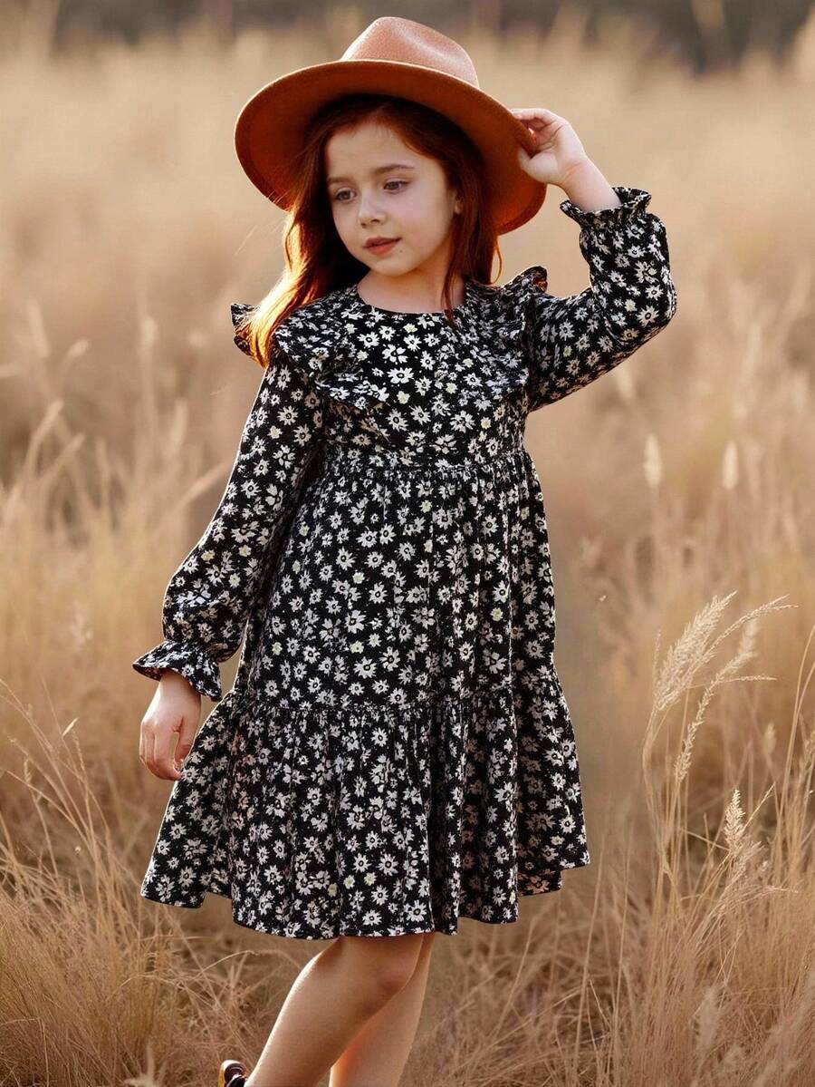 Young Girl Ditsy Floral Ruffle Trim Puff Sleeve Casual Dress - Black - View 1