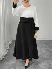 Modelyn 2 piezas Conjunto de Mujer Talla Grande: Chaqueta de Manga Larga con Encaje de Contraste Negro Emparejada con Falda, Elegante y de Moda - Negro - Ver 1