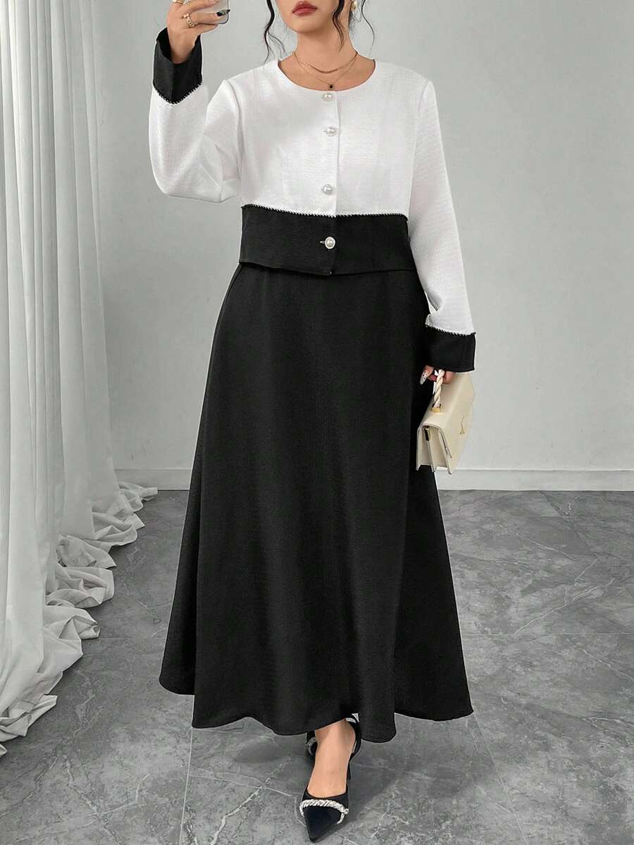 Modelyn 2 piezas Conjunto de Mujer Talla Grande: Chaqueta de Manga Larga con Encaje de Contraste Negro Emparejada con Falda, Elegante y de Moda - Negro - Ver 1