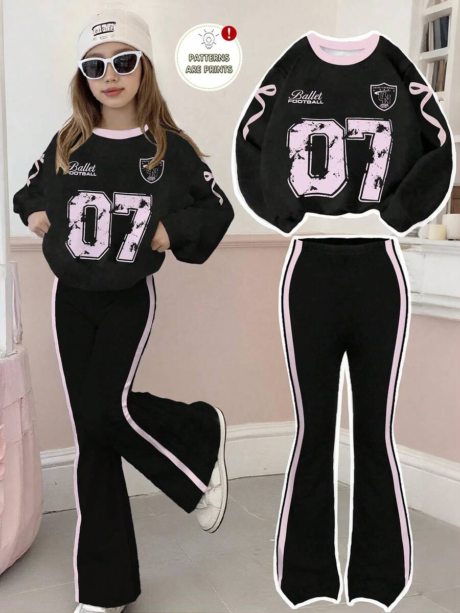 2 件套青少年女孩秋冬运动休闲时尚数字 07 蝴蝶结印花 + 撞色条纹喇叭裤套装 - 彩色 - 查看 1