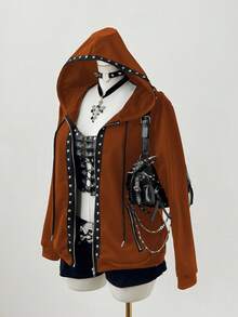 Sunspun Chaqueta con capucha de manga larga con decoración de remaches, estilo oscuro y punk, talla grande - Óxido marrón - Ver 6