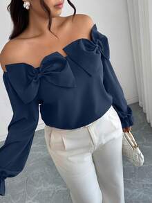 Elenzga Plus Size Women's Solid Color Bow Decor Off-Shoulder Long Sleeve Fashionable Blouse - Navy Blue - View 3