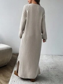 EURMUSE Women Solid Color Deep V-Neck Rib Knit Slit Detailed Long Sweater Dress,Winter Dresses - Beige - View 2