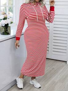 Elenzga Vestido de sudadera casual con capucha con cordón y manga larga a rayas para mujer de talla grande - Rojo - Ver 4