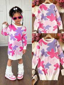 SHEIN 少女色彩花卉图案宽松圆领毛衣裙，秋冬套头连衣裙 - 彩色 - 查看 6