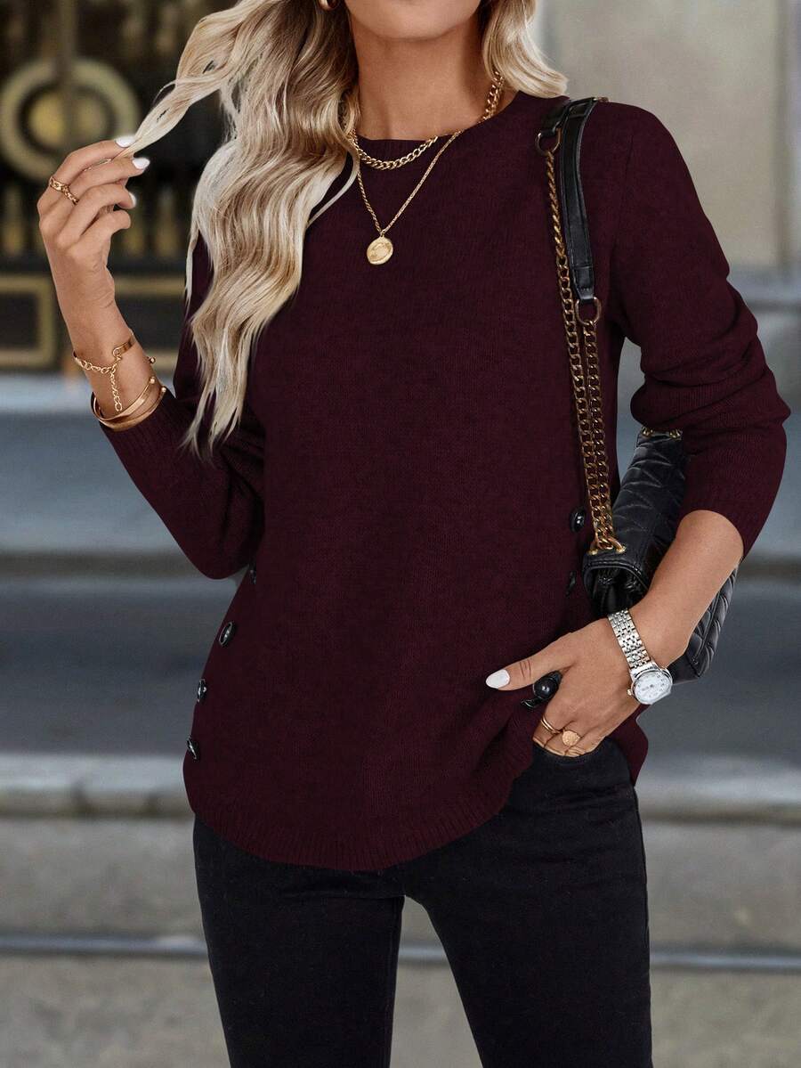 EMERY ROSE Double-Breasted Decor Round Neck Casual Versatile Long Sleeve Sweater - Redwood - View 1