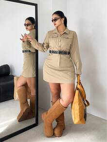 POPSWAY 大码复古美式时尚常规肩长袖实用A字短裙，秋冬 - 卡其色 - 查看 3