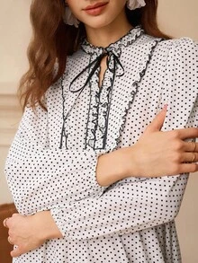 Omancia Vestido elegante de manga comprida com estampa de bolinhas - Branco - Ver 7