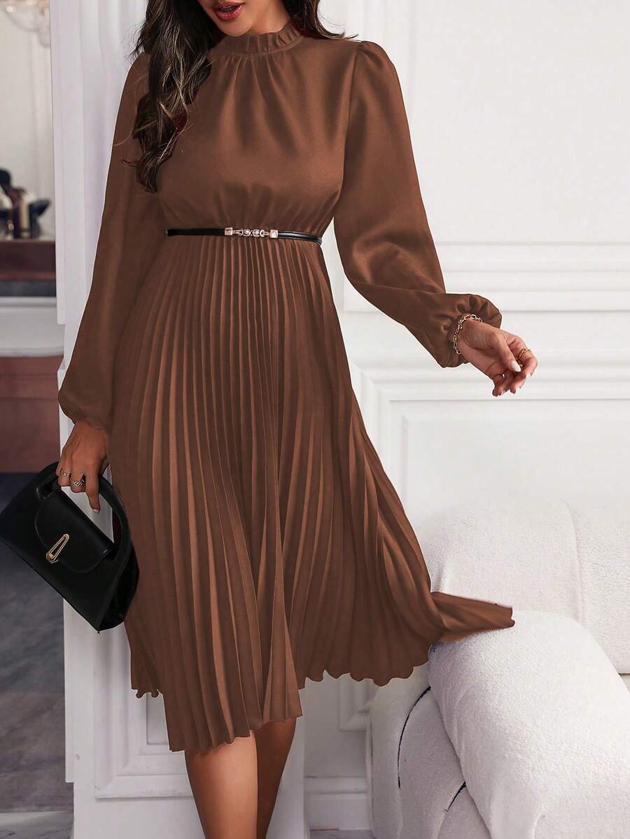 EMERY ROSE Solid Color Lantern Sleeve Dress With Pleated Hem Maxi Women Outfit - Rust Brown - View 1