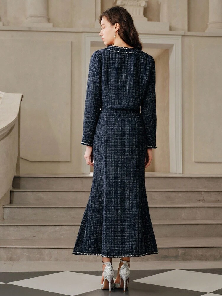 Anewsta Savoree Women's Autumn/Winter Sparkling Star Blue Gold Knit Fishtail Waist Suit Set