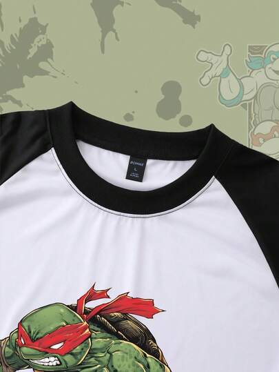 TEENAGE MUTANT NINJA TURTLES X ROMWE Camiseta de hombre con cuello redondo, mangas raglán y contraste, con gráfico de tortuga de dibujos animados y bloques de color