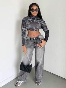 Alexandranx Ladies' Retro Style Low Waist Straight Leg Jeans With Pockets, Washed Denim - Light Grey - View 1