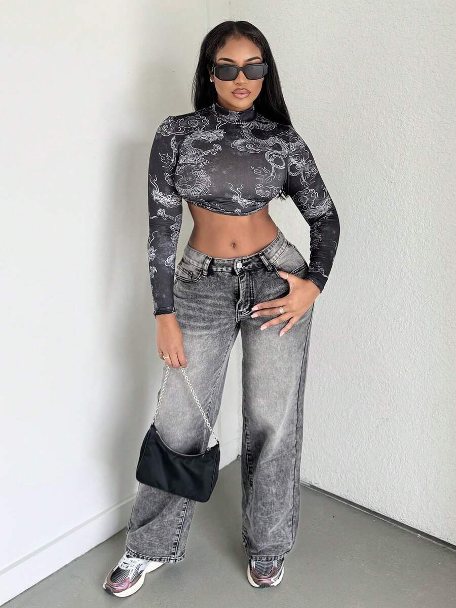 Alexandranx Ladies' Retro Style Low Waist Straight Leg Jeans With Pockets, Washed Denim - Light Grey - View 1