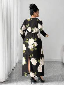 Elenzga 大码优雅花卉印花紧身连衣裙 - 黑色 - 查看 2