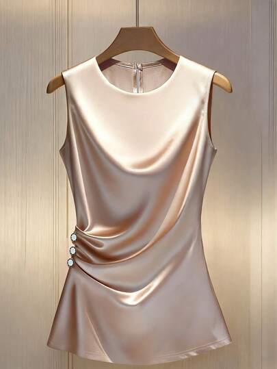 Franclia 优雅休闲时尚上衣，亮面面料，腰部饰以珍珠扣，杏色，秋冬季风格，适合外出约会。女士时尚衬衫，闪亮上衣，优雅女士上衣。