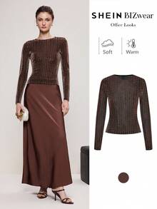 BizChic 2025 Autumn/Winter New Modern Urban Elegant Romantic Workplace Practical Commute Business Casual Office Wear, Suitable For Wedding Guests, Parties, Concerts, Performances, Brunch, Airport Outfits, Daily Fashion, Versatile, Flocked Material, Plush Craftsmanship, Crew Neck Pullover, Houndstooth Pattern Long Sleeve Women's Knit Top, Suitable For Halloween, Christmas, Plaid Brown Top, Elegant Ladies Blouse, Country Style