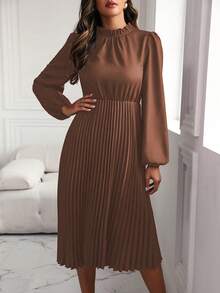 EMERY ROSE Solid Color Lantern Sleeve Dress With Pleated Hem Maxi Women Outfit - Rust Brown - View 5
