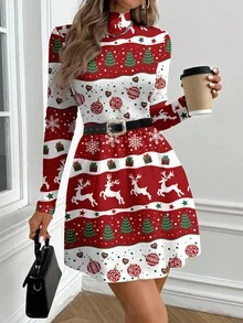 Glamance Polina Brazil Women's Casual Minimalist Dress, Suitable For Autumn/Winter, Christmas Gift For Mothers Modely Dress Christmas Dresses For Women Clasi Dress Elegant Dress Chic Stylish Clothing Collection Santa Dress Elegant Long Sleeve Dress Christmas Print Dress Dresses For Women Long Sleeve - Multicolor - View 3