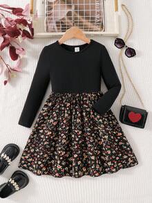 SHEIN Young Girl Knitted Solid Color Patchwork Floral Casual Dress Fall Winter - Black - View 6