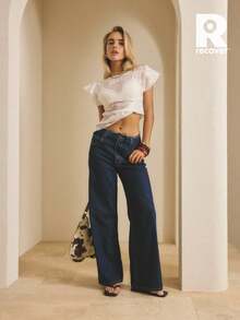 Aralina 女士休闲牛仔夏/秋/冬 Y2K 90 年代复古高腰流苏腰带牛仔裤，非常适合乡村音乐会服装、教师服装和万圣节服装 - 深色水洗藍 - 查看 8