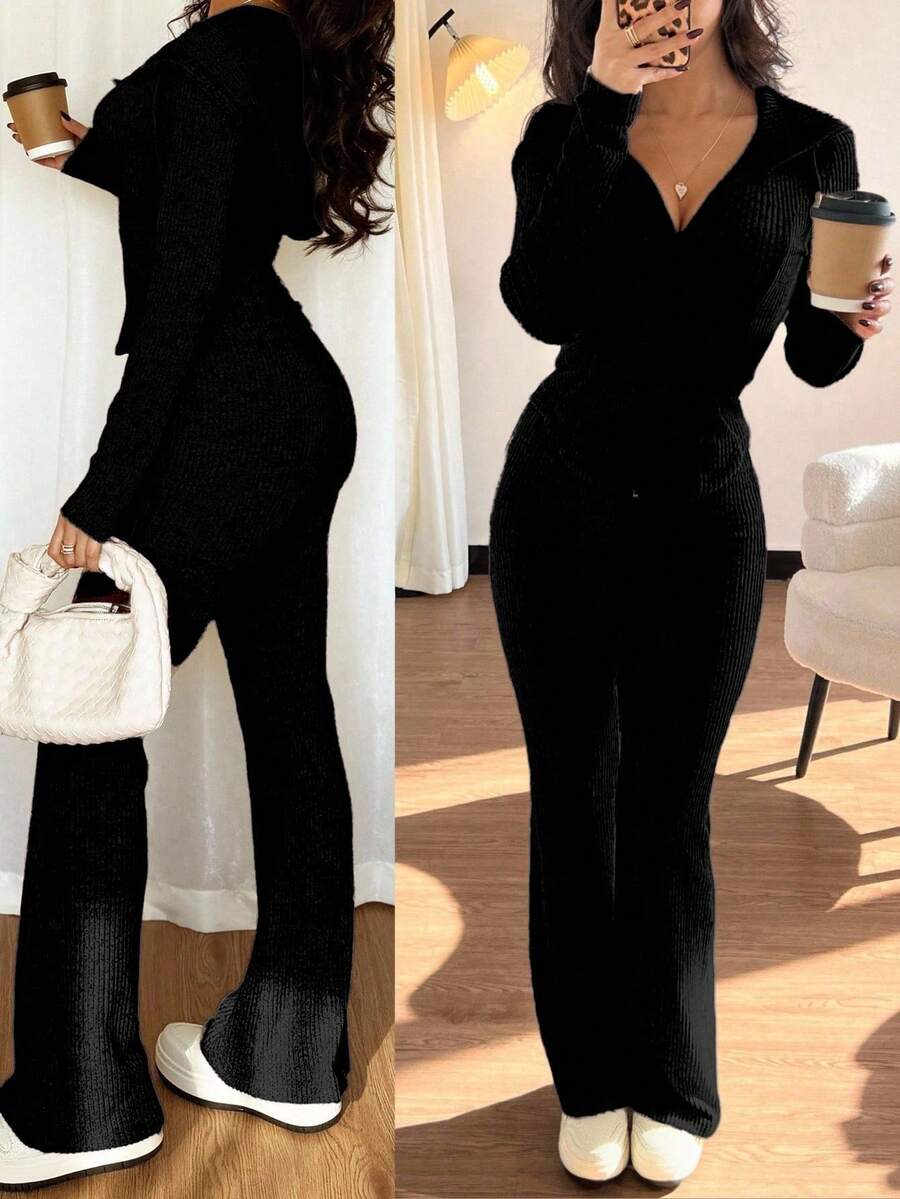 SHEIN PETITE Bộ 2 áo nỉ trùm đầu thường ngày có túi và quần ống loe có gân dành cho nữ, đa năng để mặc hàng ngày, mùa thu/đông - màu đen - Xem 1