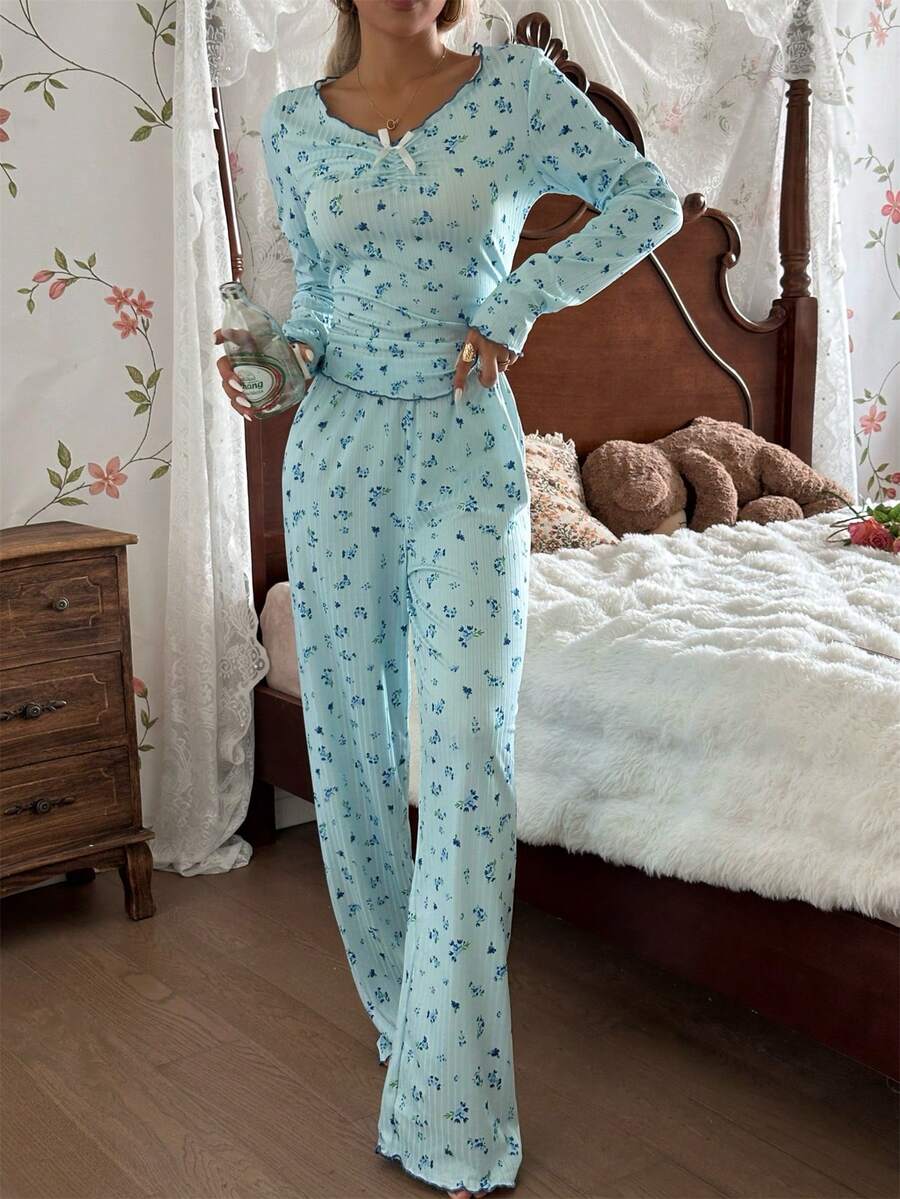 CottageSlumber Women's Pajama Set, Blue Romantic Ditsy Floral, Ribbed Ruffle Trim, Casual Loungewear Light Blue Pajama Set Fall Winter Clothes - Blue - View 1