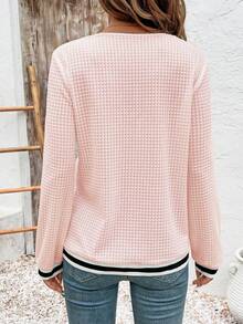 SHEIN LUNE Sudadera casual de punto de gofre con cuello en V y mangas raglán de color contrastante para mujer - Rosa - Ver 2